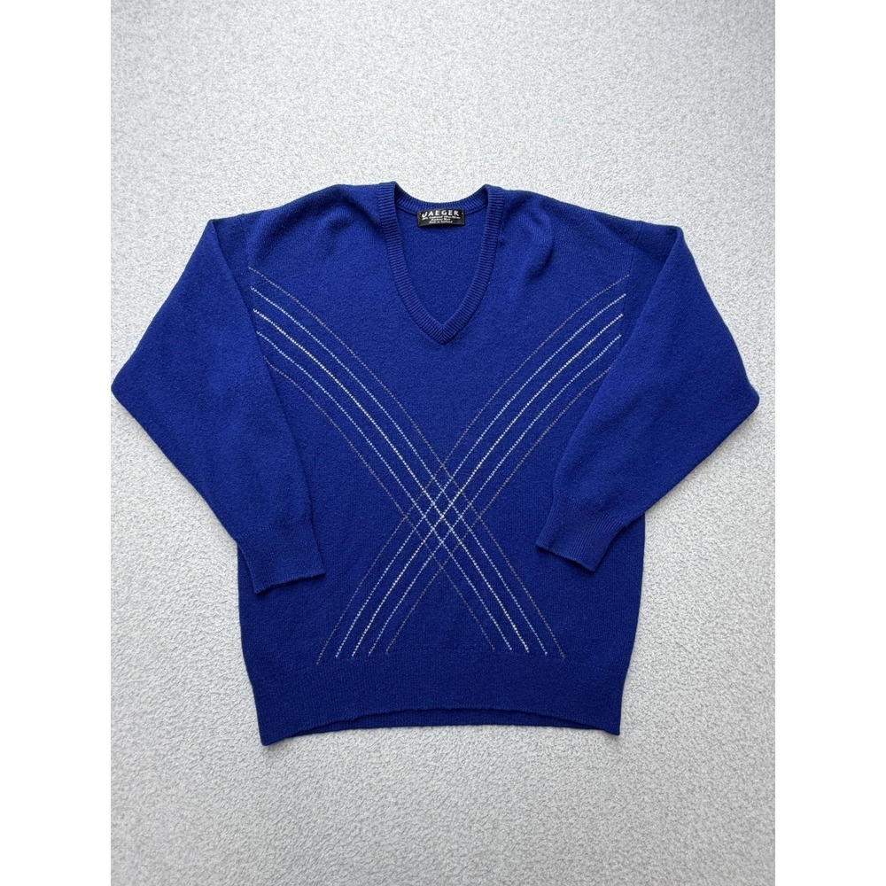 Jaeger‎ Sweater Mens Medium Blue 100% Lambswool V Neck Geometric Knit Pullover
